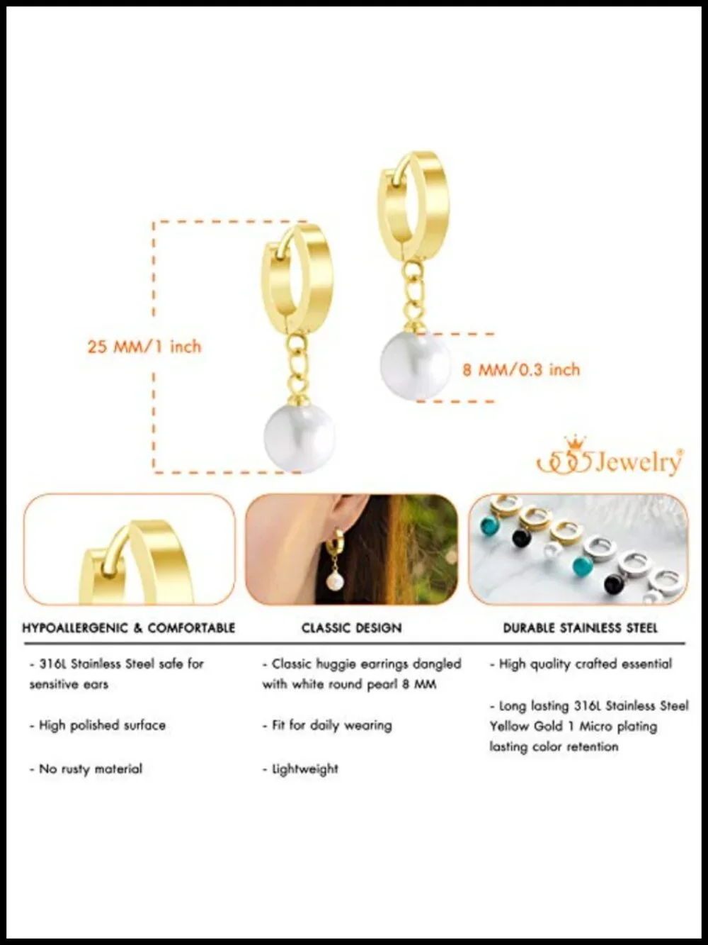 Stainless Steel Huggie Dangle Pearl Onyx Turquoise Earrings for Women